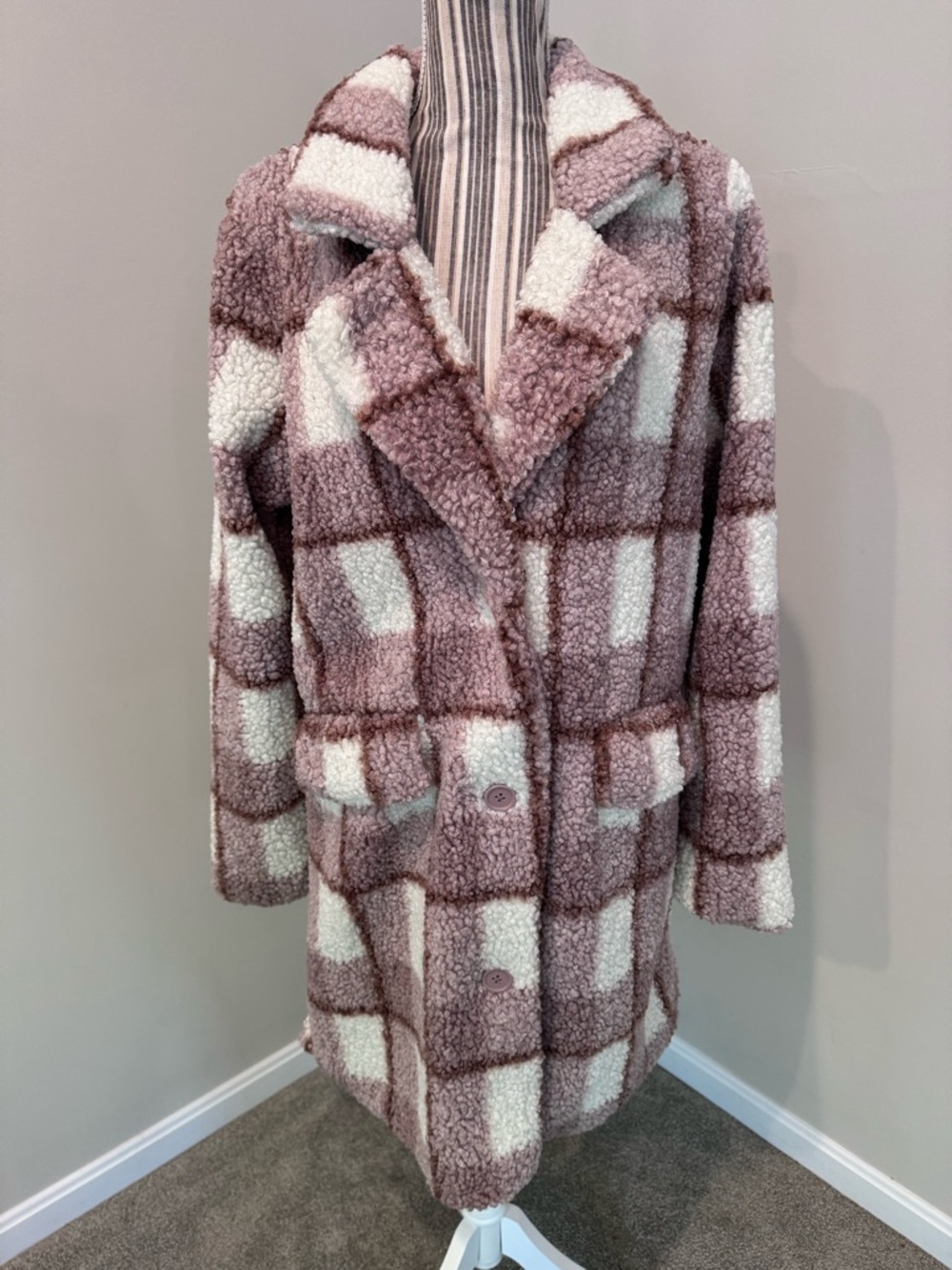 Stoosh Knee Length Women’s L Teddy Fleece Sherpa Coat Purple Plaid